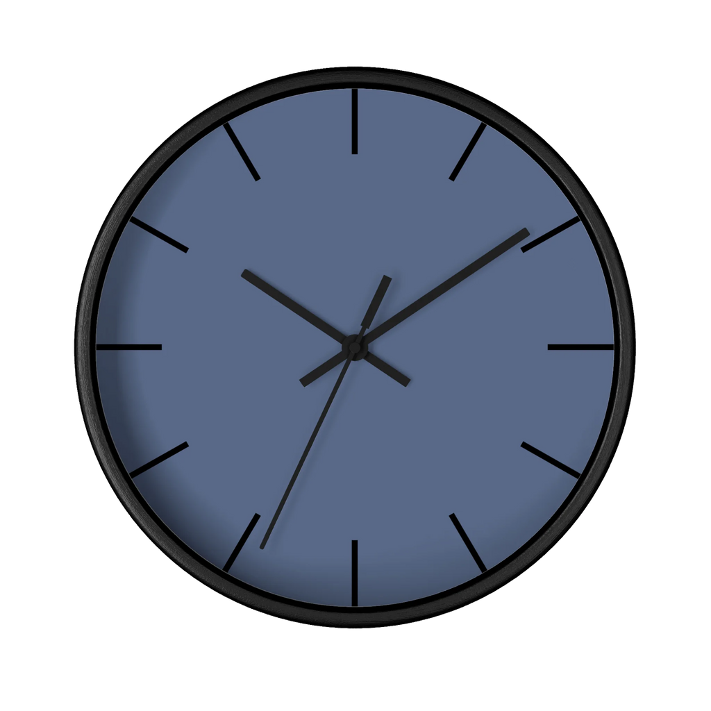 Dust blue silent wall clock, black base, black hands, black markers, 10 inch, front view.