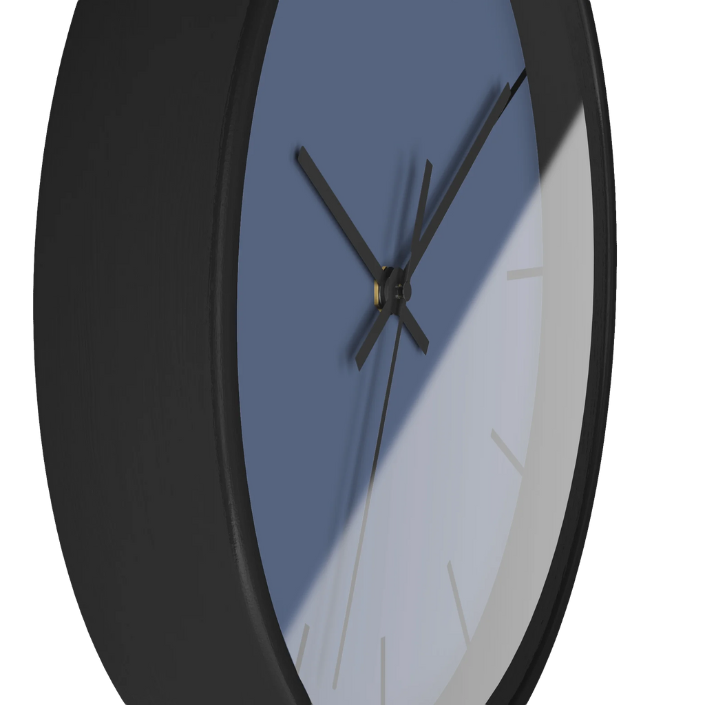 Dust blue silent wall clock, black base, black hands, black markers, 10 inch, side view.