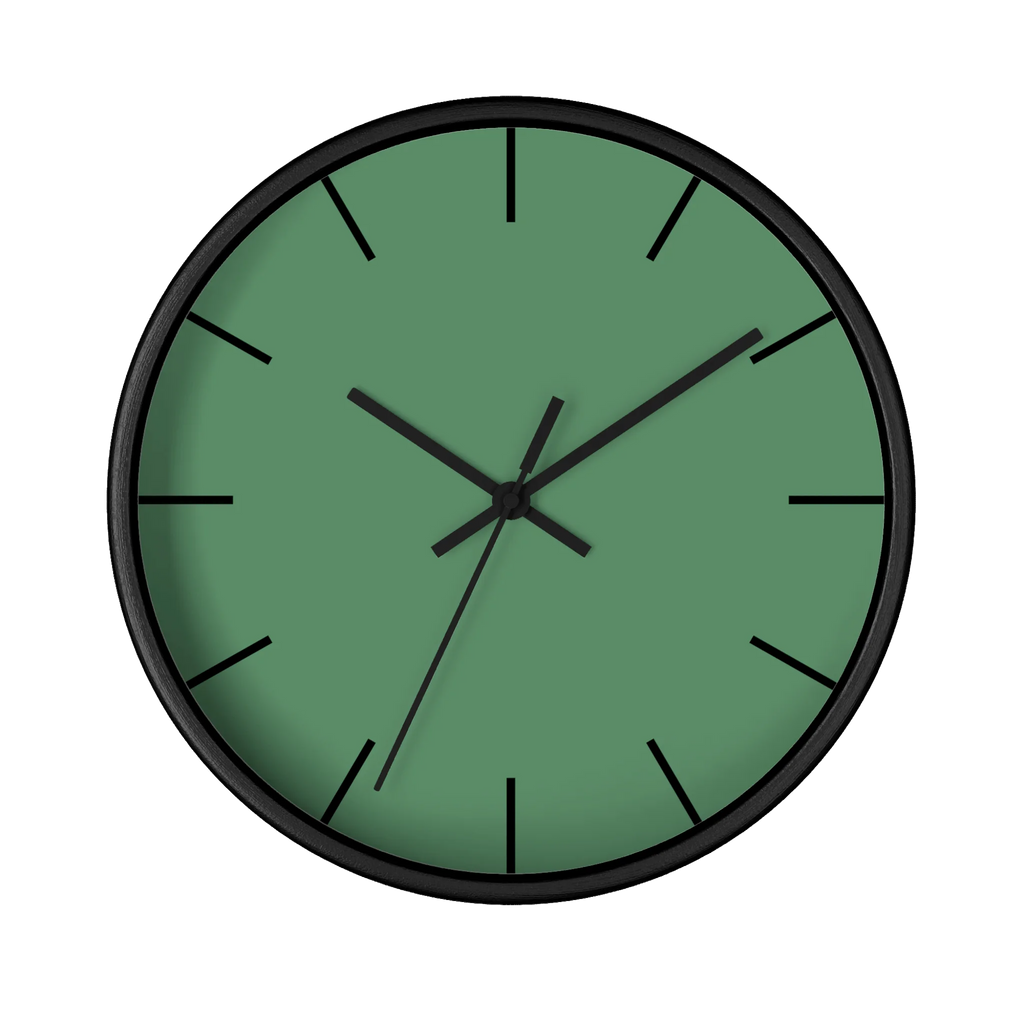 Dust green silent wall clock, black base, black hands, black markers, 10 inch, front view.