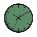 Dust green silent wall clock, black base, black hands, black markers, 10 inch, front view.