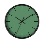 Dust green silent wall clock, black base, black hands, black markers, 10 inch, front view.