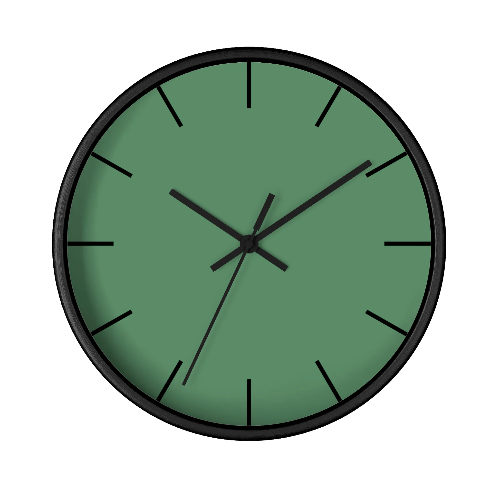 Dust green silent wall clock, black base, black hands, black markers, 10 inch, front view.