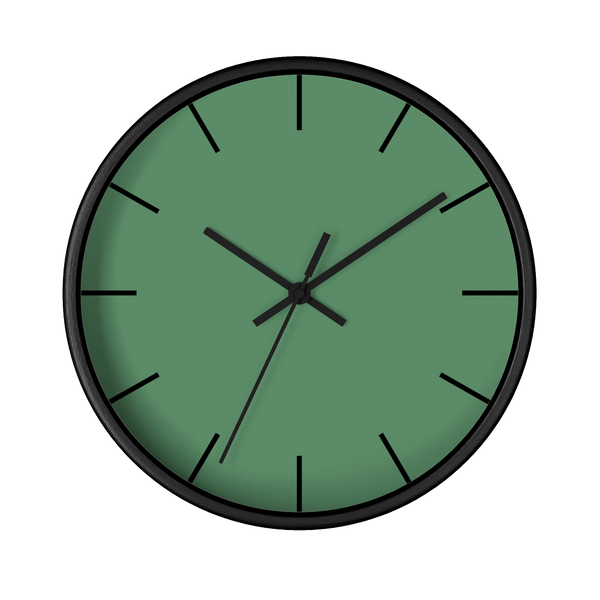 Dust green silent wall clock, black base, black hands, black markers, 10 inch, front view.