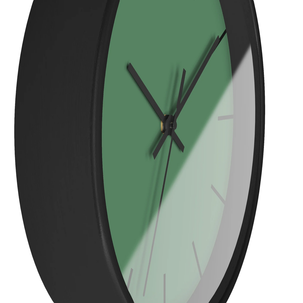 Dust green silent wall clock, black base, black hands, black markers, 10 inch, side view.