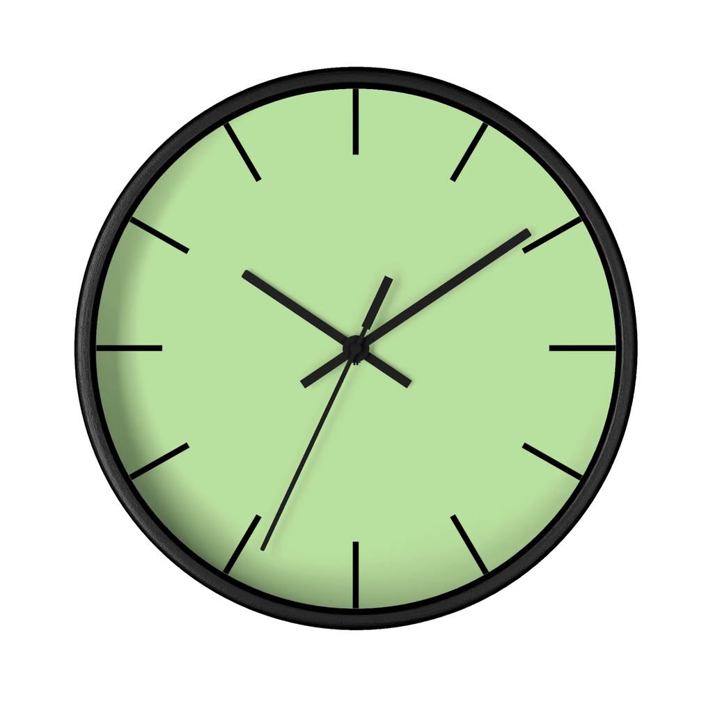 Fresh green mint silent wall clock, black base, black hands, black markers, 10 inch, front view.