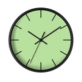 Fresh green mint silent wall clock, black base, black hands, black markers, 10 inch, front view.