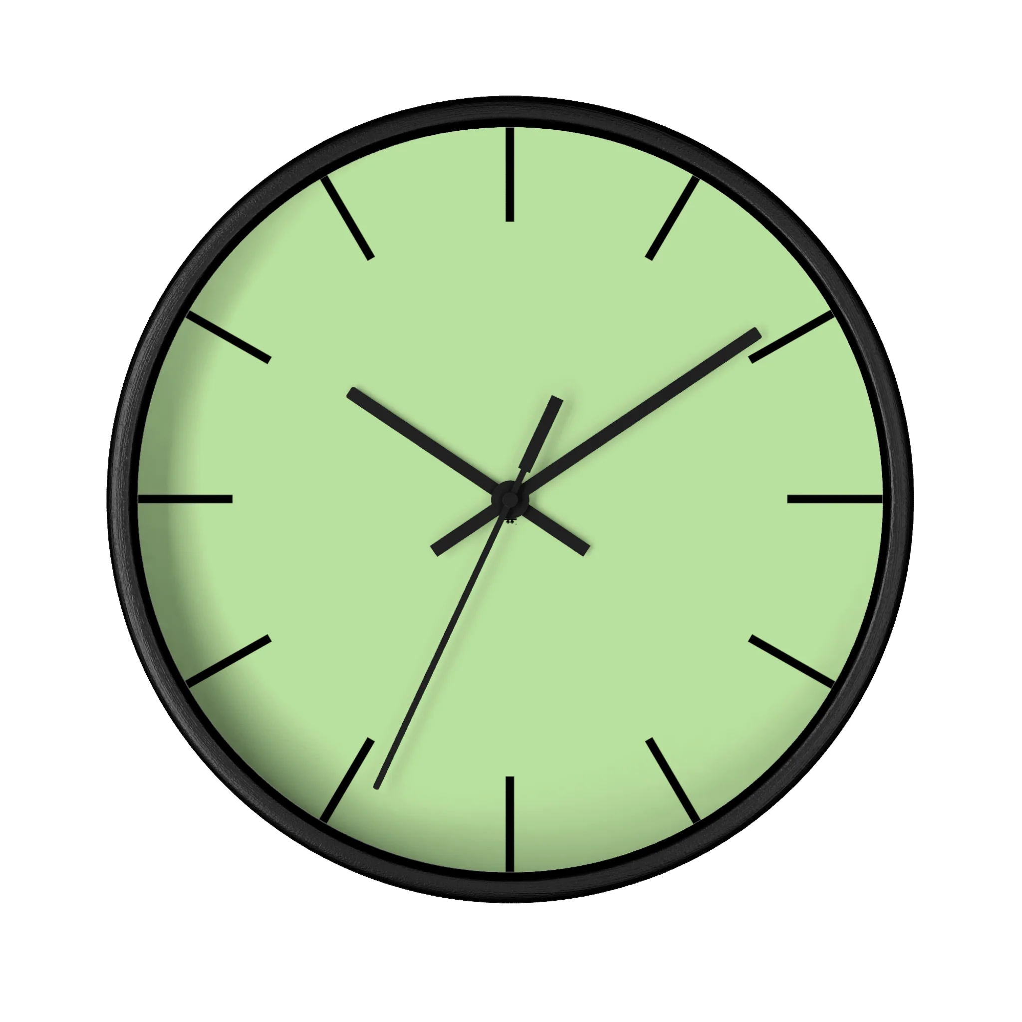 Fresh green mint silent wall clock, black base, black hands, black markers, 10 inch, front view.