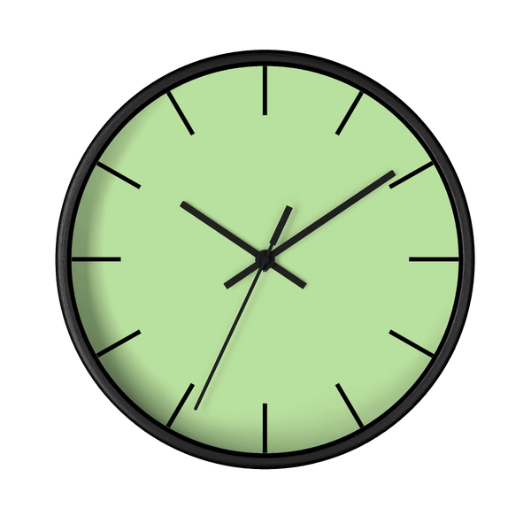 Fresh green mint silent wall clock, black base, black hands, black markers, 10 inch, front view.