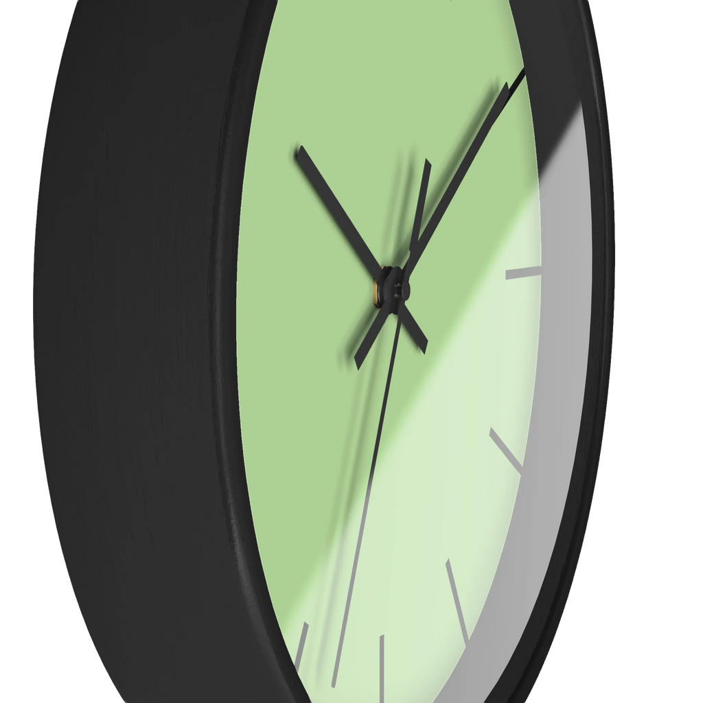 Fresh green mint silent wall clock, black base, black hands, black markers, 10 inch, side view.