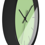 Fresh green mint silent wall clock, black base, black hands, black markers, 10 inch, side view.