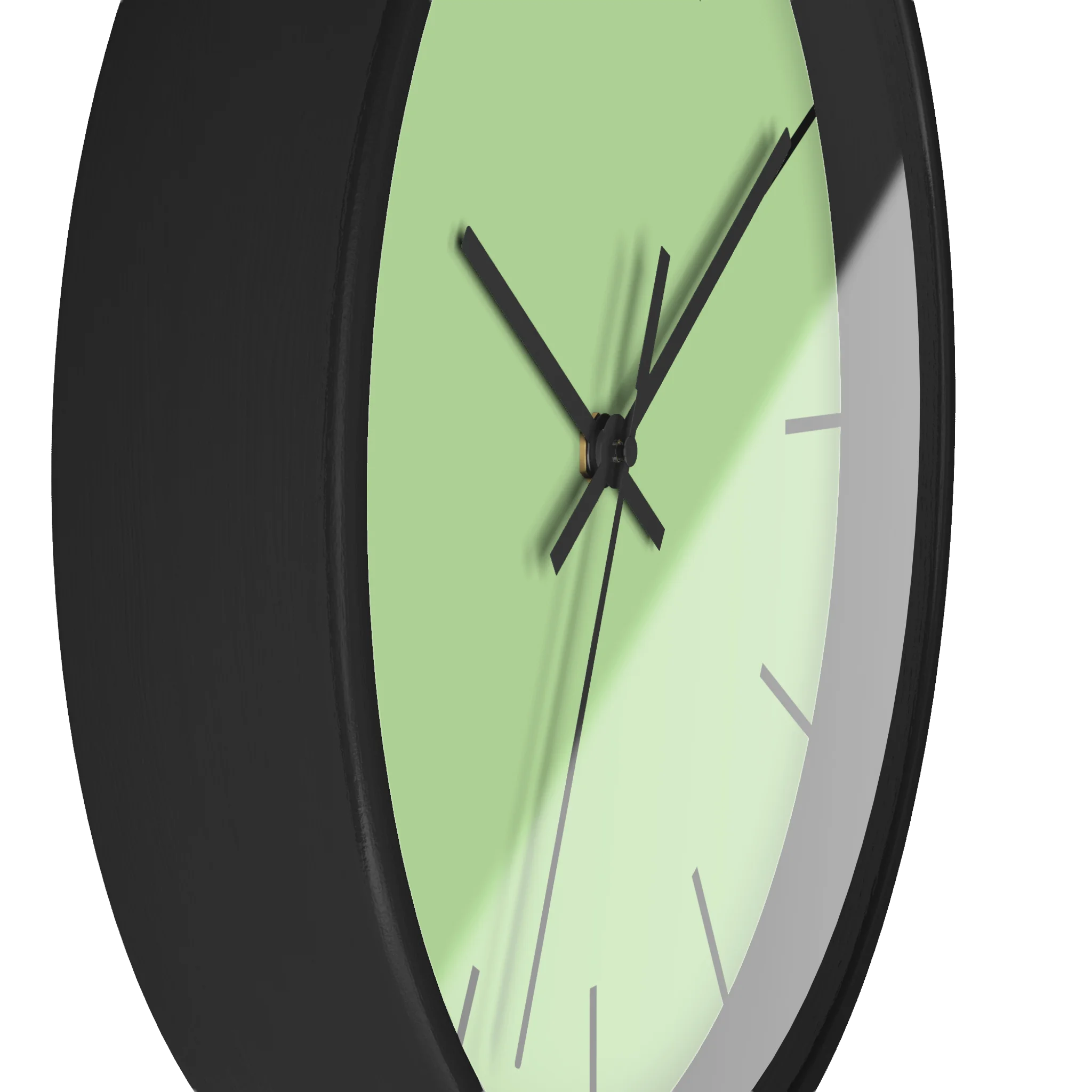 Fresh green mint silent wall clock, black base, black hands, black markers, 10 inch, side view.