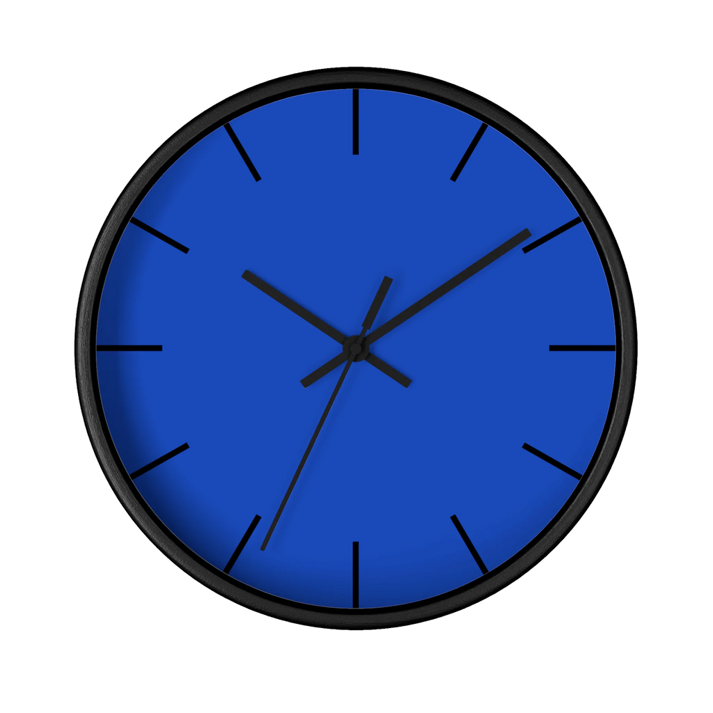 Funky Blue silent wall clock, black base, black hands, black markers, 10 inch, front view.