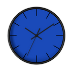 Funky Blue silent wall clock, black base, black hands, black markers, 10 inch, front view.