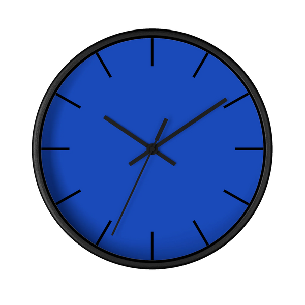 Funky Blue silent wall clock, black base, black hands, black markers, 10 inch, front view.