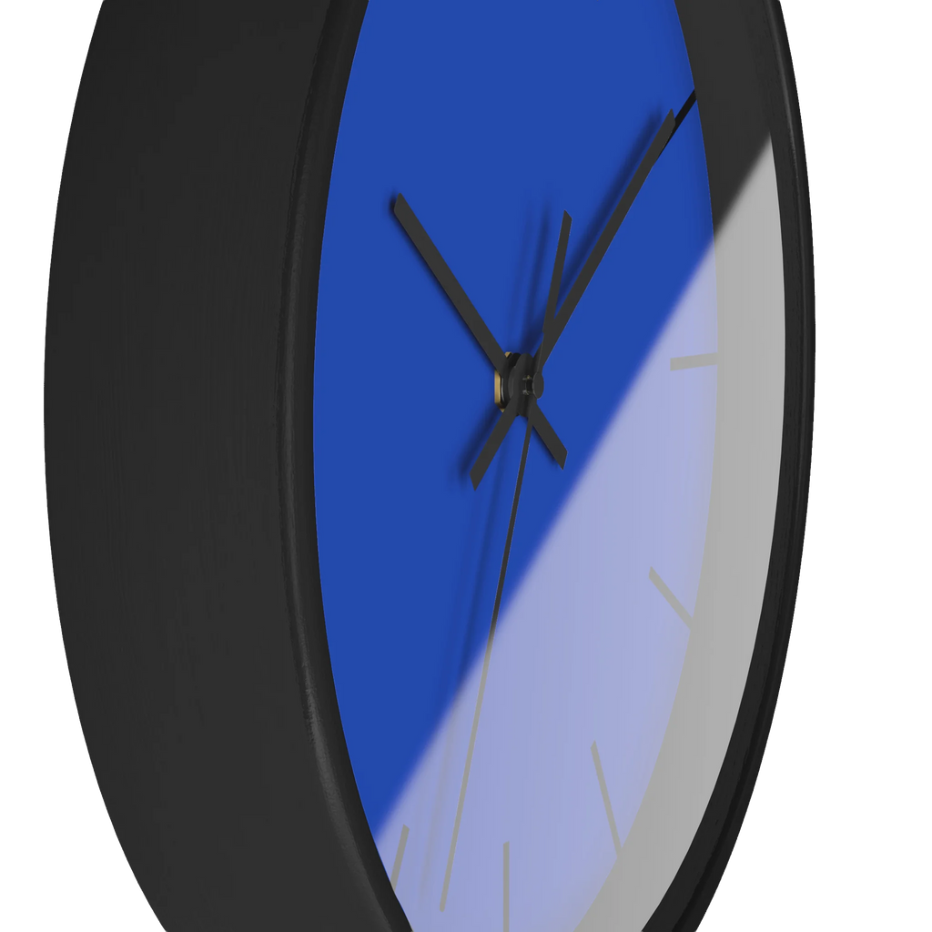 Funky Blue silent wall clock, black base, black hands, black markers, 10 inch, side view.