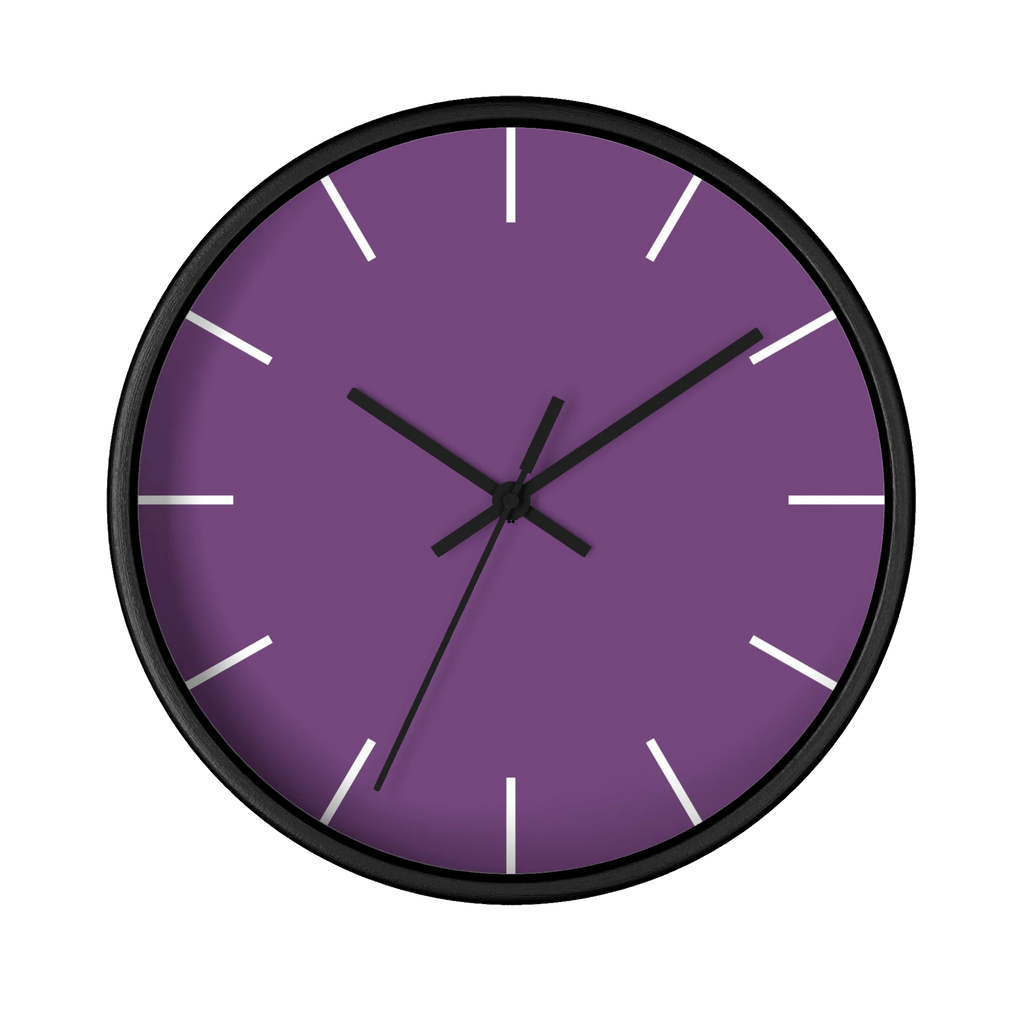 Garlic Purple silent wall clock, black base, black hands, white markers, 10 inch, front view.