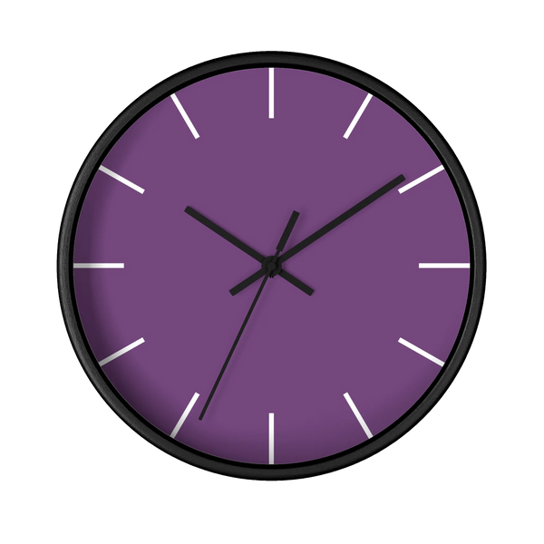 Garlic Purple silent wall clock, black base, black hands, white markers, 10 inch, front view.