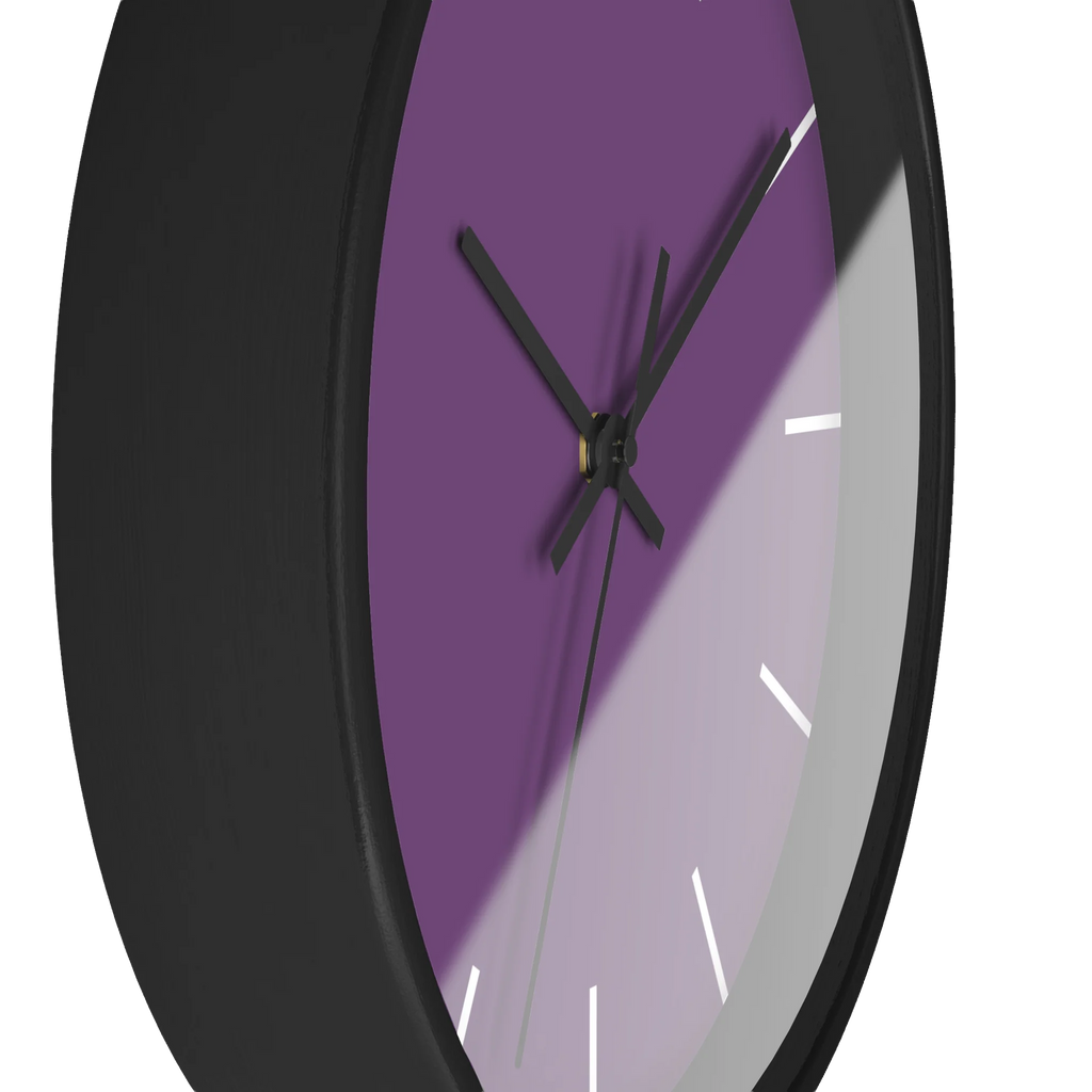 Garlic Purple silent wall clock, black base, black hands, white markers, 10 inch, side view.