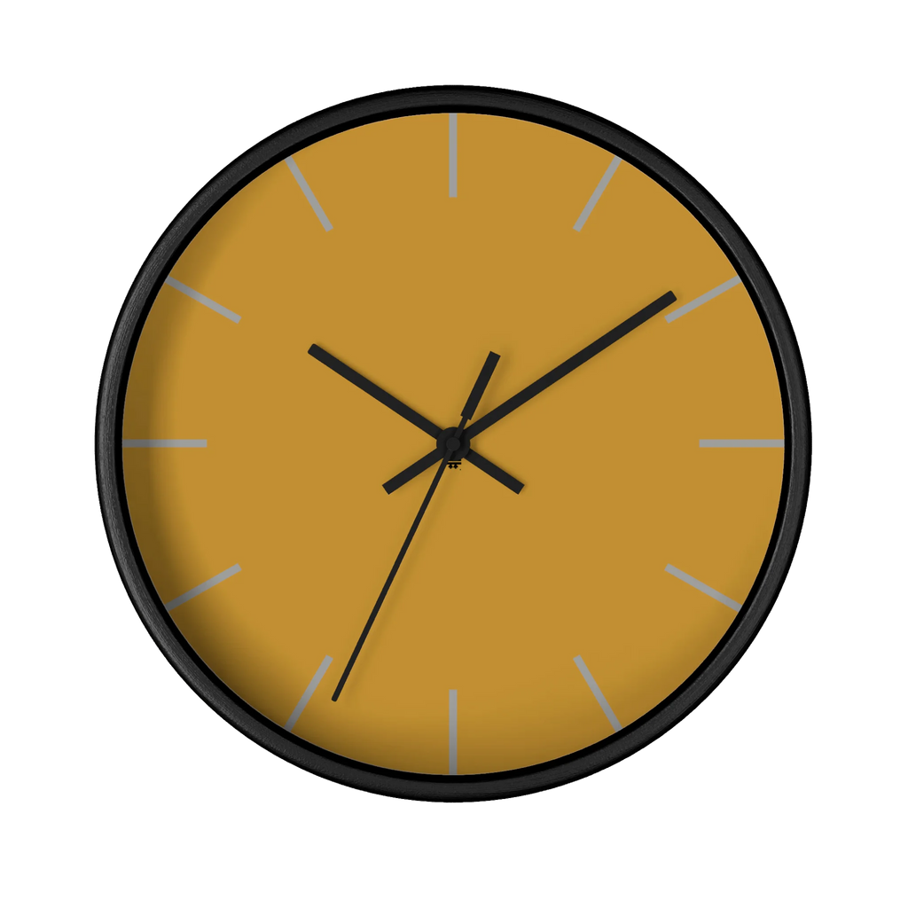 Gold ochre mustard silent wall clock, black base, black hands, light grey markers, 10 inch, front view.