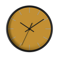 Gold ochre mustard silent wall clock, black base, black hands, light grey markers, 10 inch, front view.