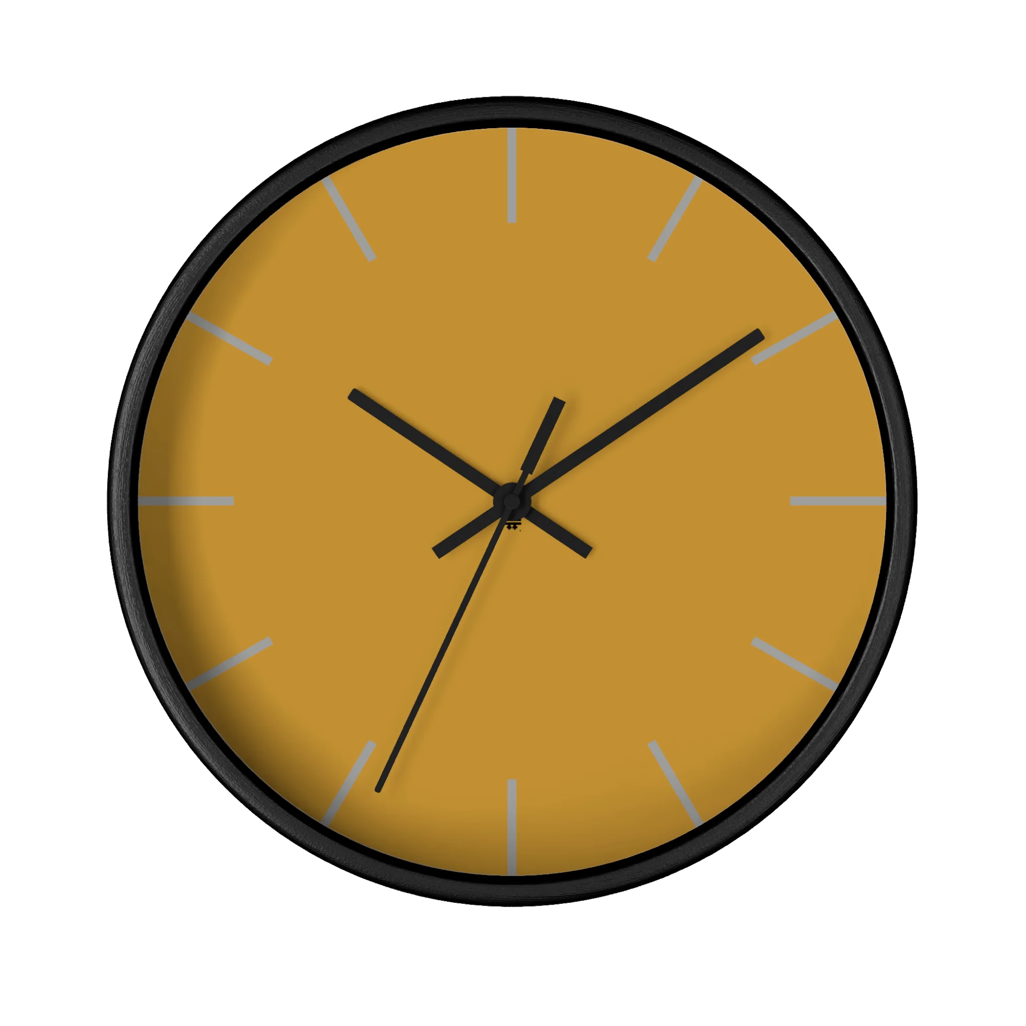 Gold ochre mustard silent wall clock, black base, black hands, light grey markers, 10 inch, front view.