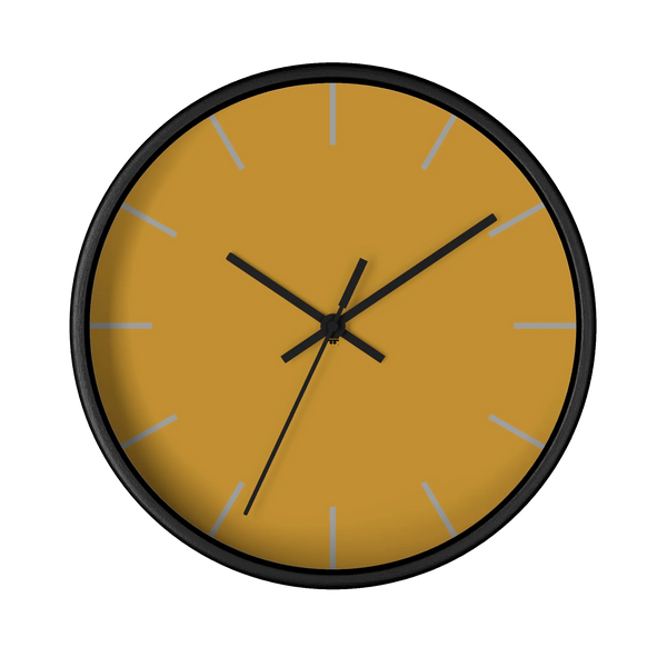 Gold ochre mustard silent wall clock, black base, black hands, light grey markers, 10 inch, front view.