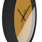 Gold ochre mustard silent wall clock, black base, black hands, light grey markers, 10 inch, side view.