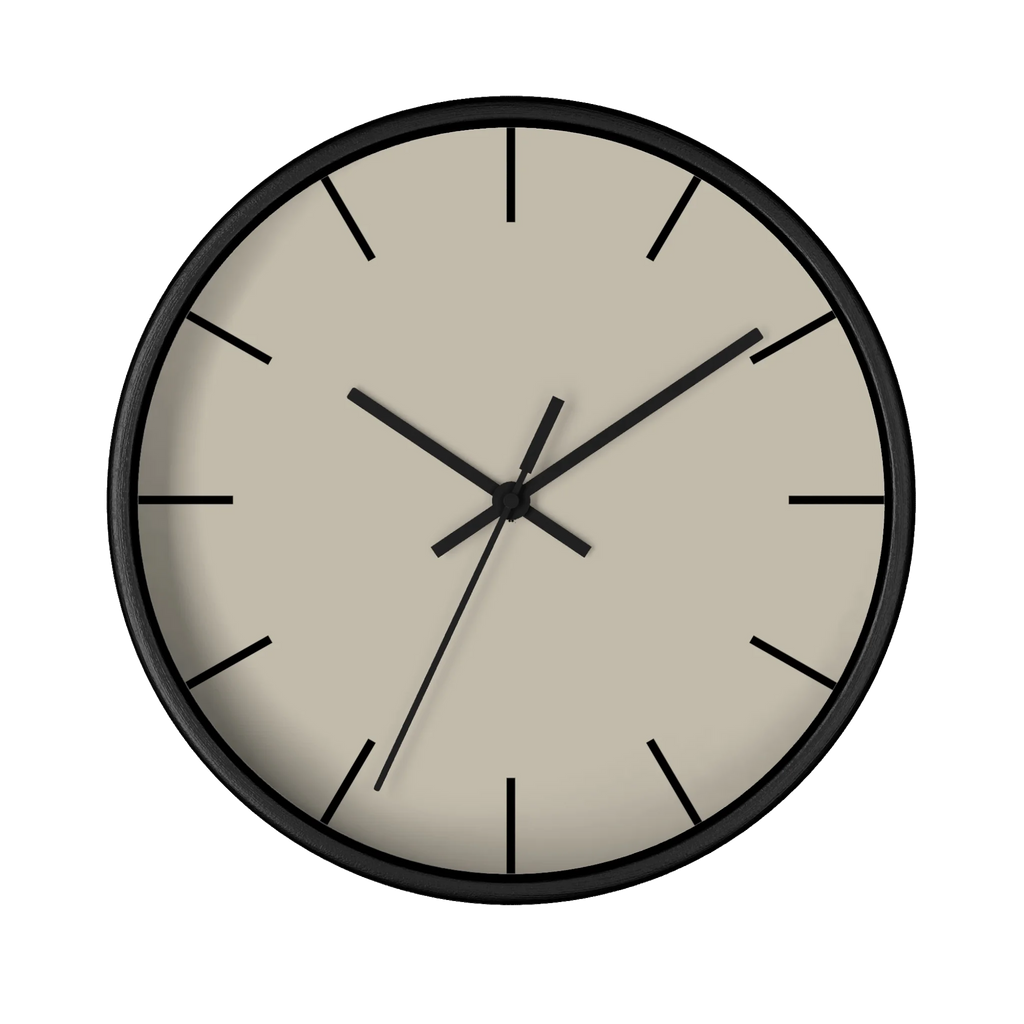 Ivory grey beige silent wall clock, black base, black hands, black markers, 10 inch, front view.