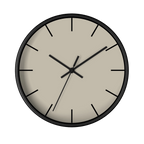 Ivory grey beige silent wall clock, black base, black hands, black markers, 10 inch, front view.
