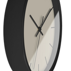 Ivory grey beige silent wall clock, black base, black hands, black markers, 10 inch, side view.