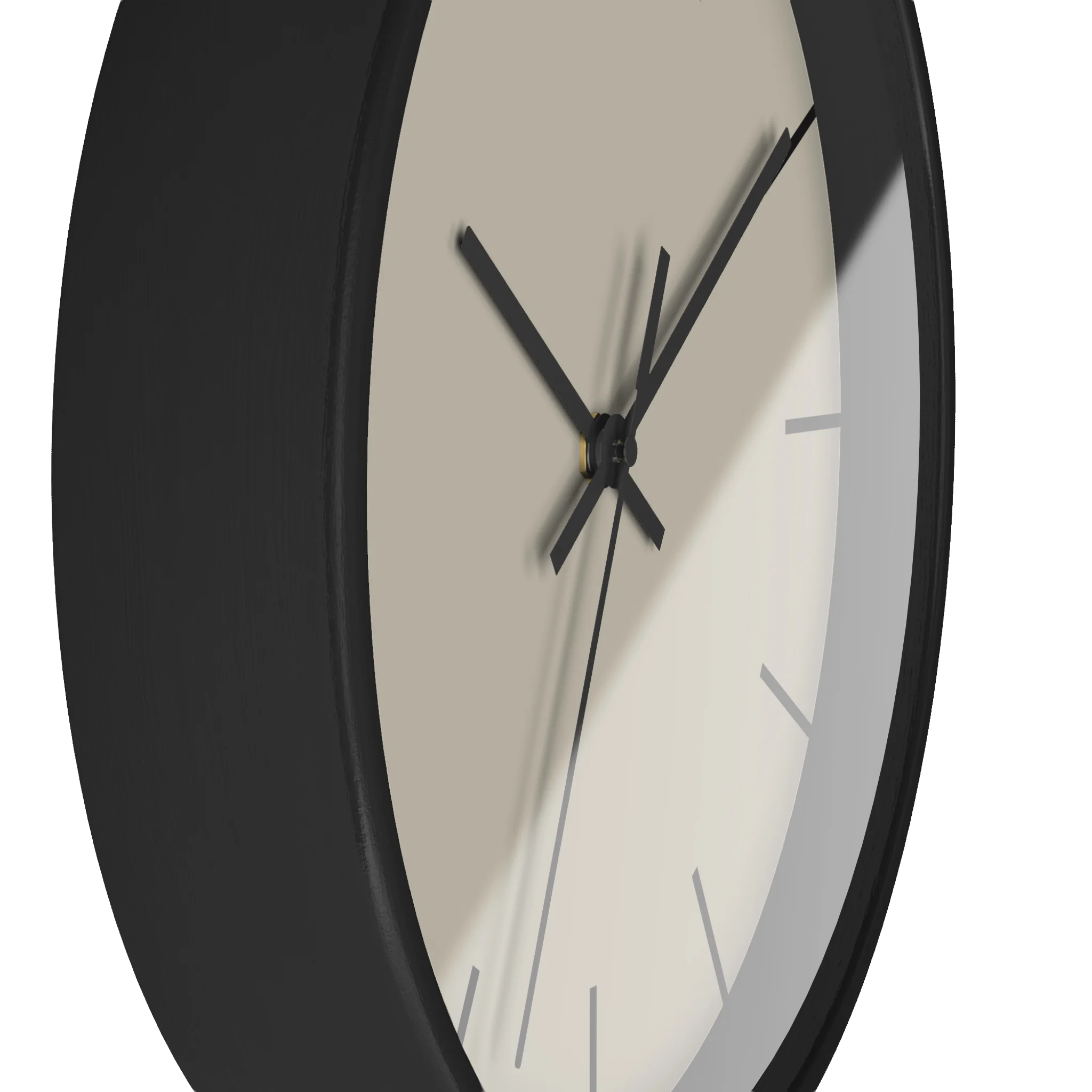 Ivory grey beige silent wall clock, black base, black hands, black markers, 10 inch, side view