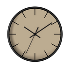 Beige jute silent wall clock, black base, black hands, black markers, 10 inch, front view.