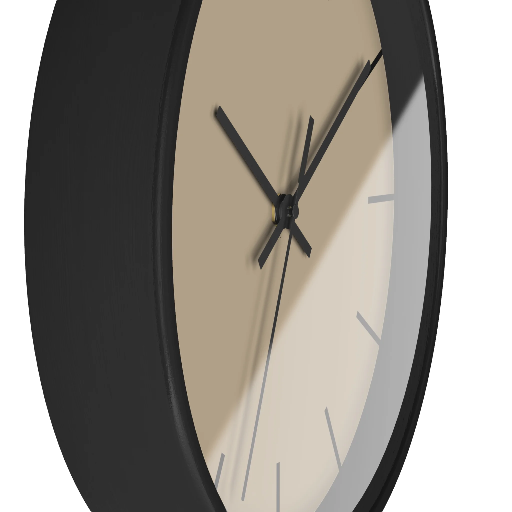 Beige jute silent wall clock, black base, black hands, black markers, 10 inch, side view.