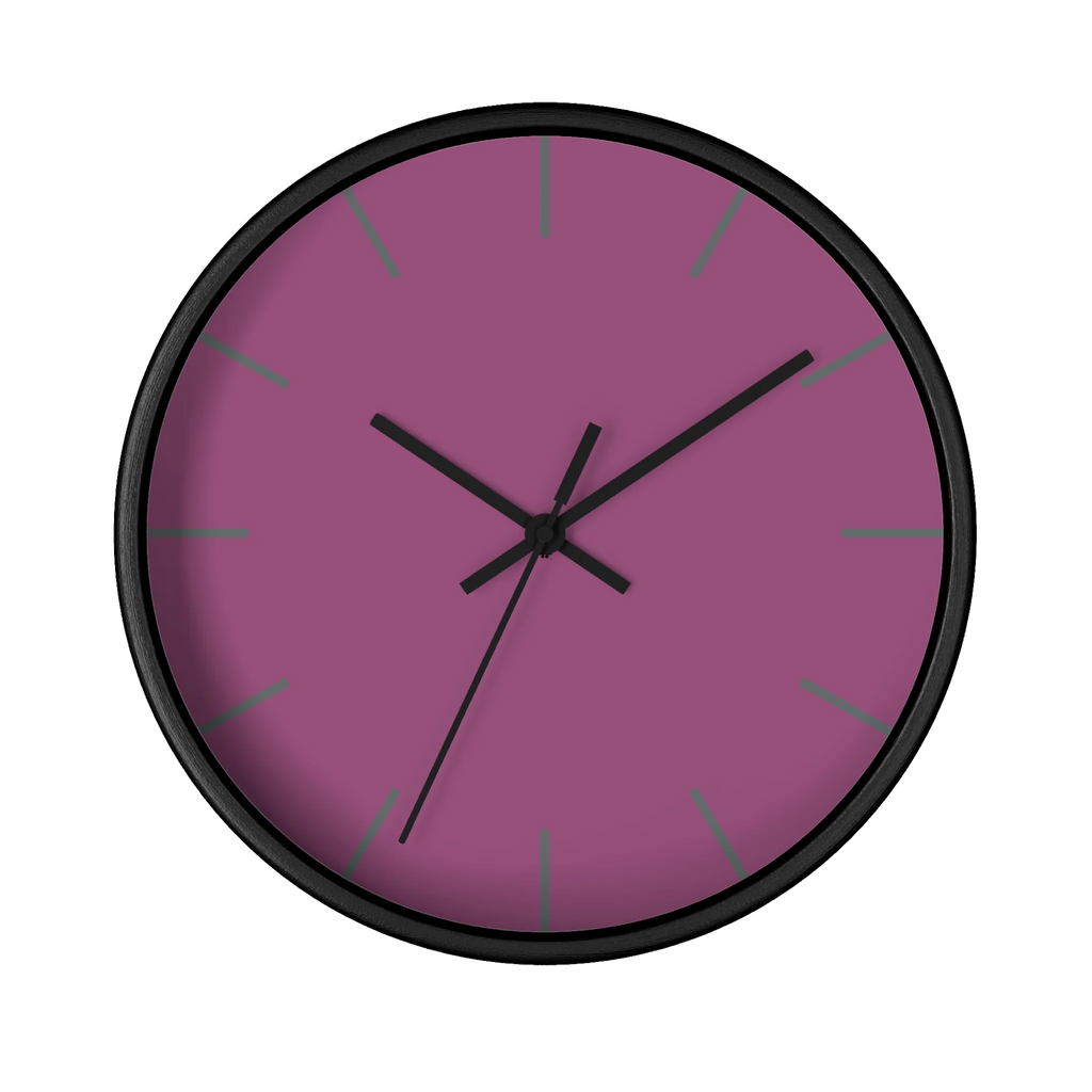 Lavender red plum silent wall clock, black base, black hands, grey markers, 10 inch, front view.