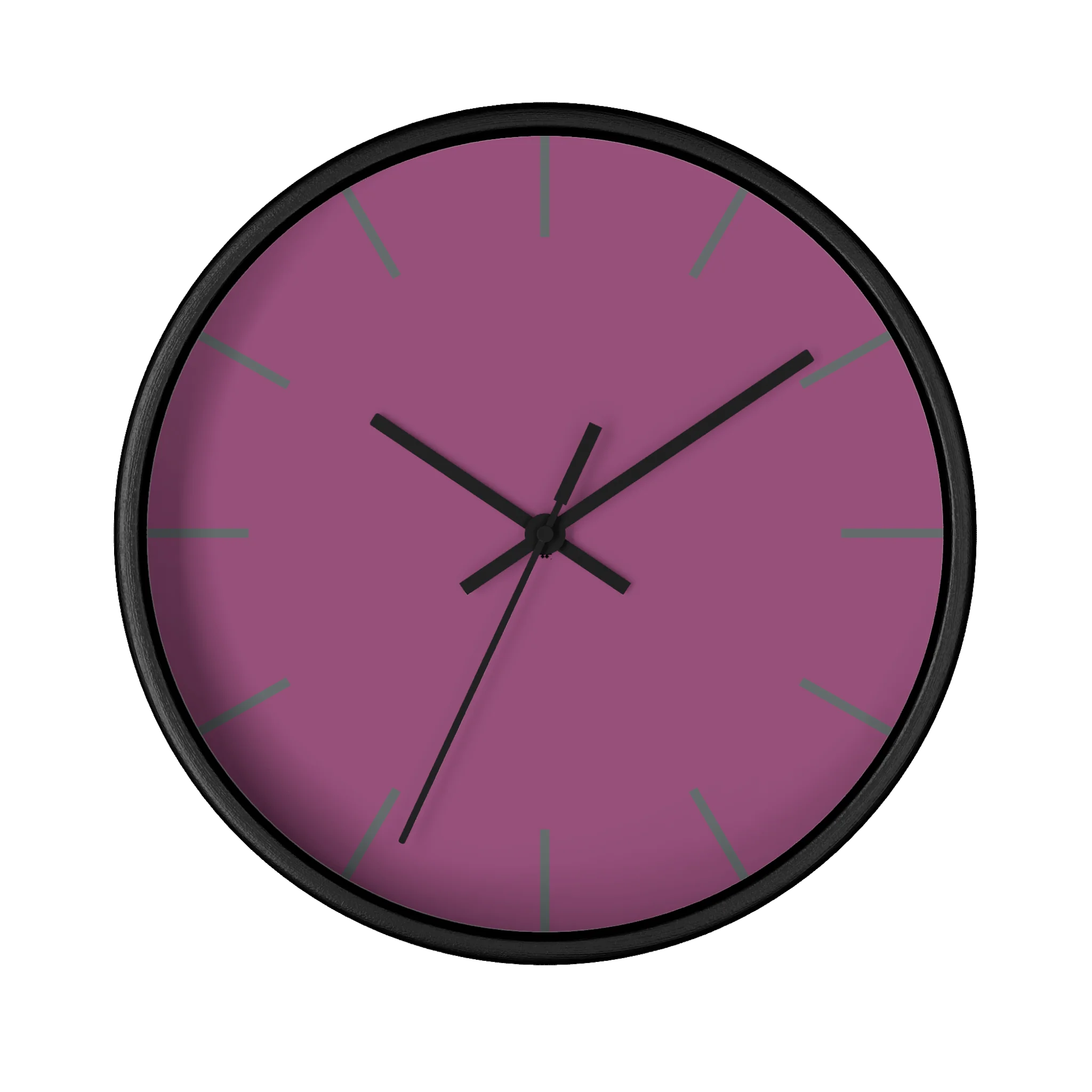 Lavender red plum silent wall clock, black base, black hands, grey markers, 10 inch, front view.