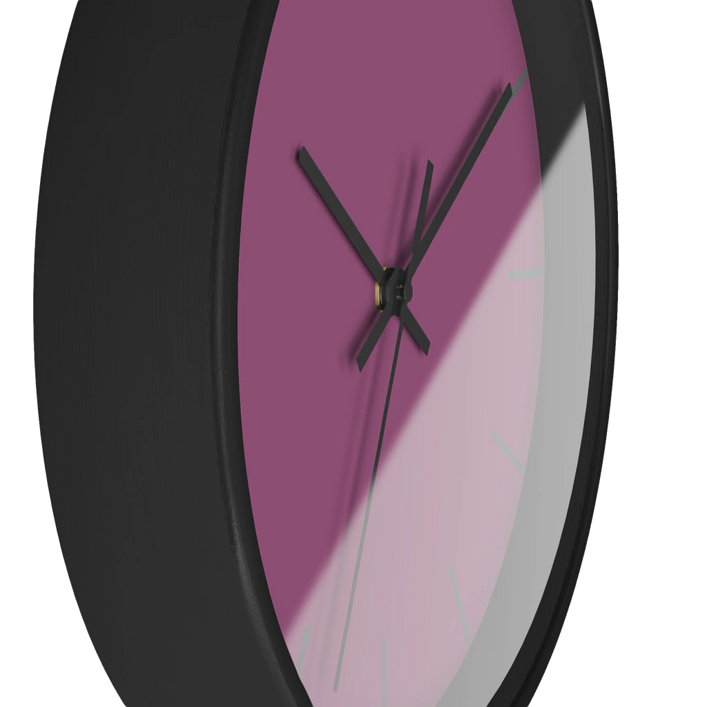 Lavender red plum silent wall clock, black base, black hands, grey markers, 10 inch, side view.