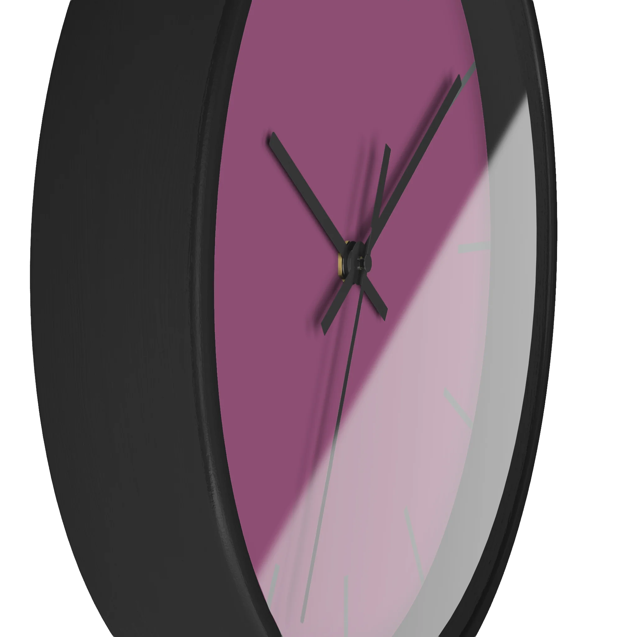 Lavender red plum silent wall clock, black base, black hands, grey markers, 10 inch, side view.