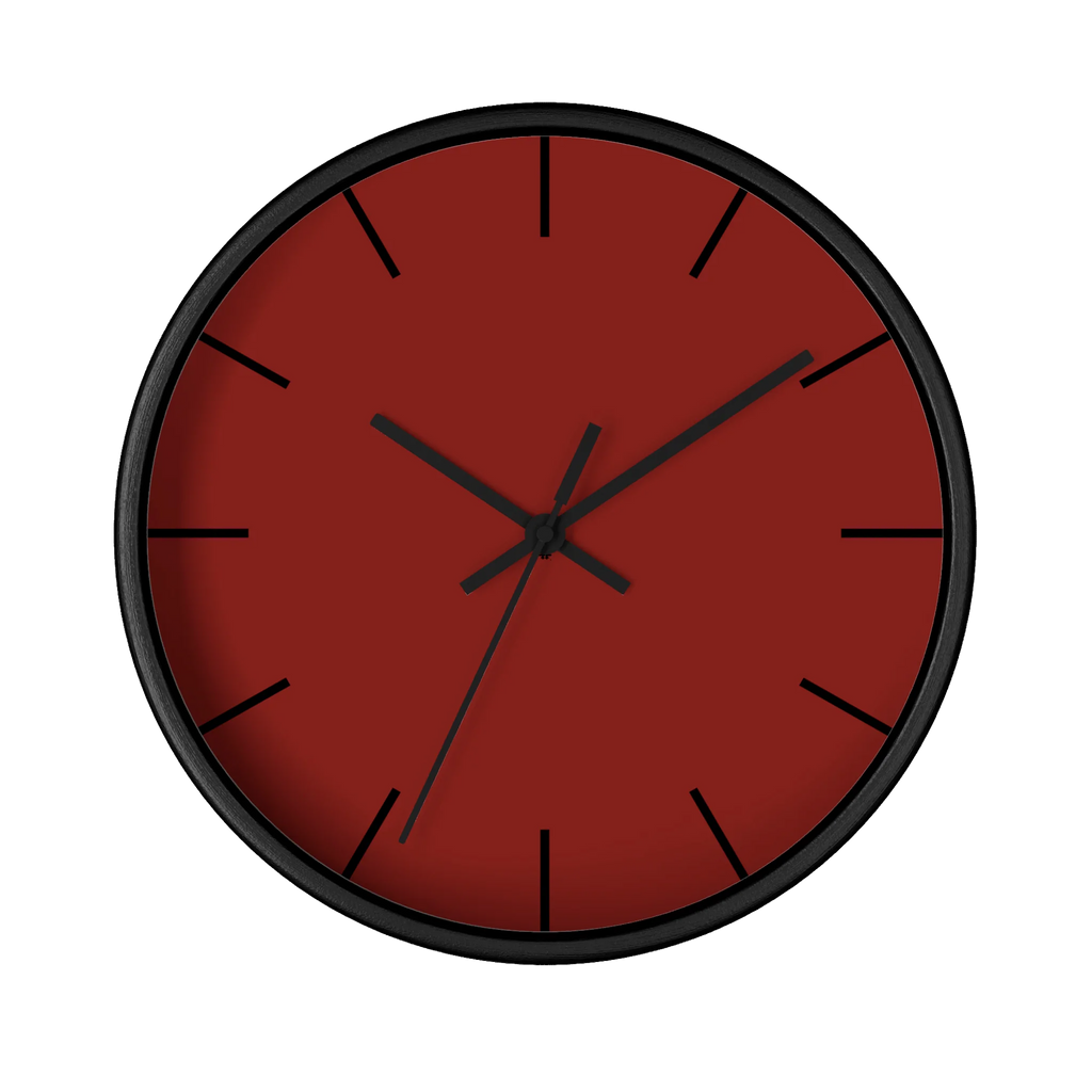 Maroon bloodstone red silent wall clock, black base, black hands, black markers, 10 inch, front view.