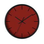 Maroon bloodstone red silent wall clock, black base, black hands, black markers, 10 inch, front view.