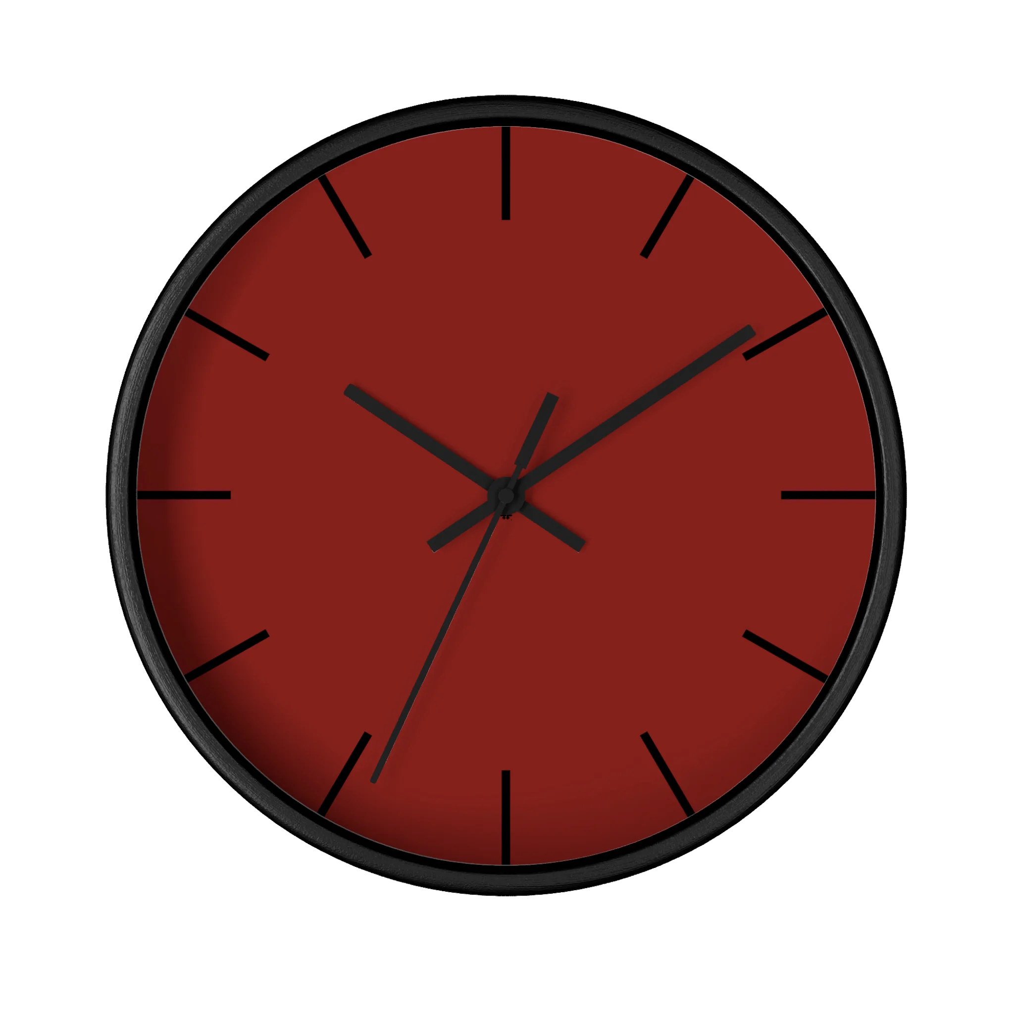 Maroon bloodstone red silent wall clock, black base, black hands, black markers, 10 inch, front view.