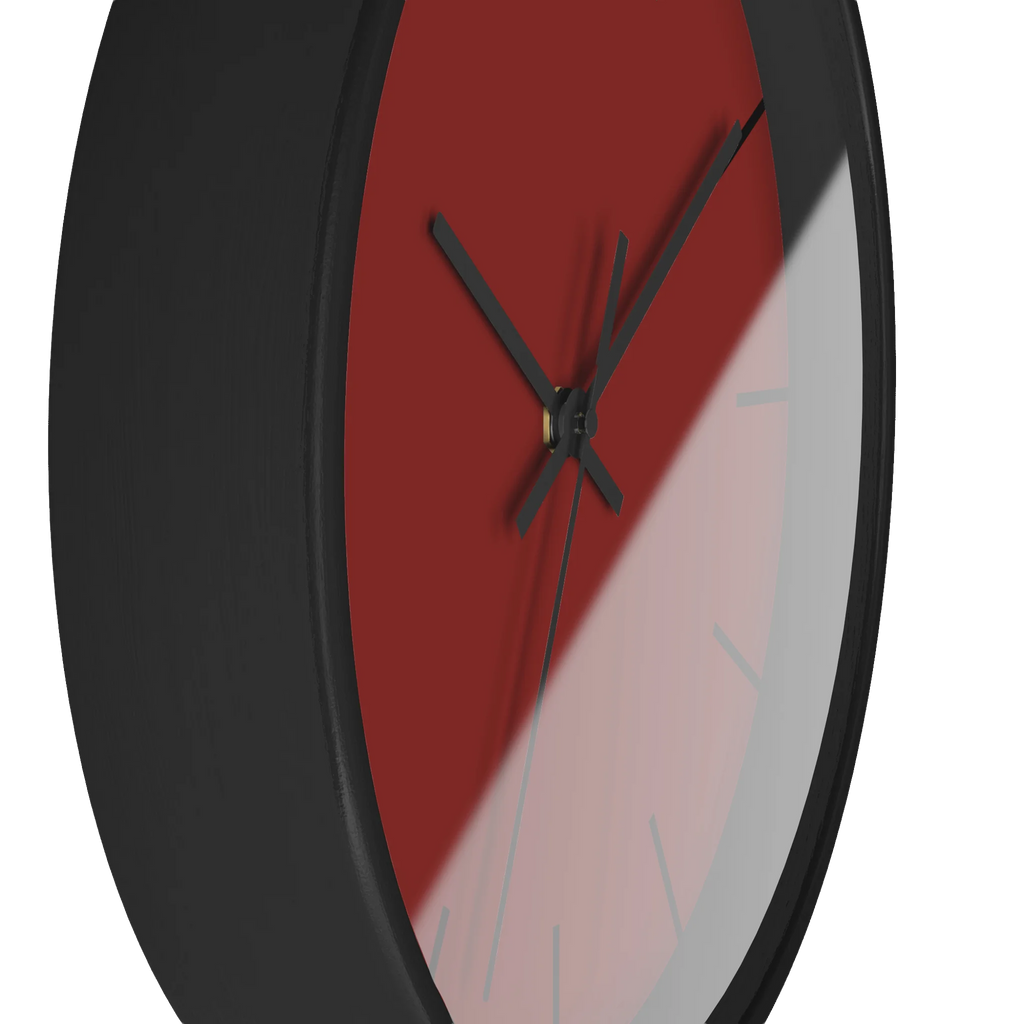 Maroon bloodstone red silent wall clock, black base, black hands, black markers, 10 inch, side view.