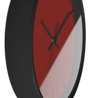 Maroon bloodstone red silent wall clock, black base, black hands, black markers, 10 inch, side view.