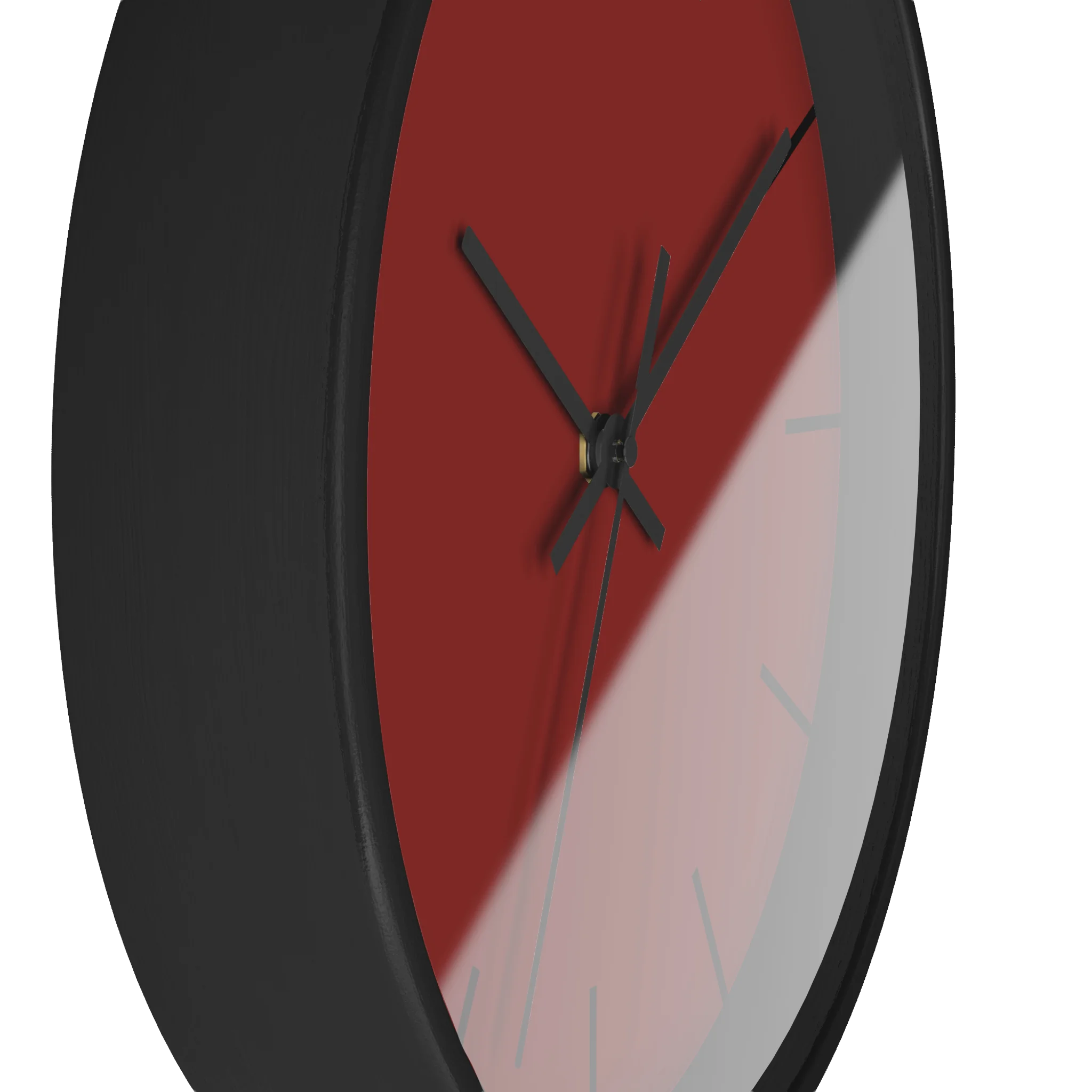 Maroon bloodstone red silent wall clock, black base, black hands, black markers, 10 inch, side view.