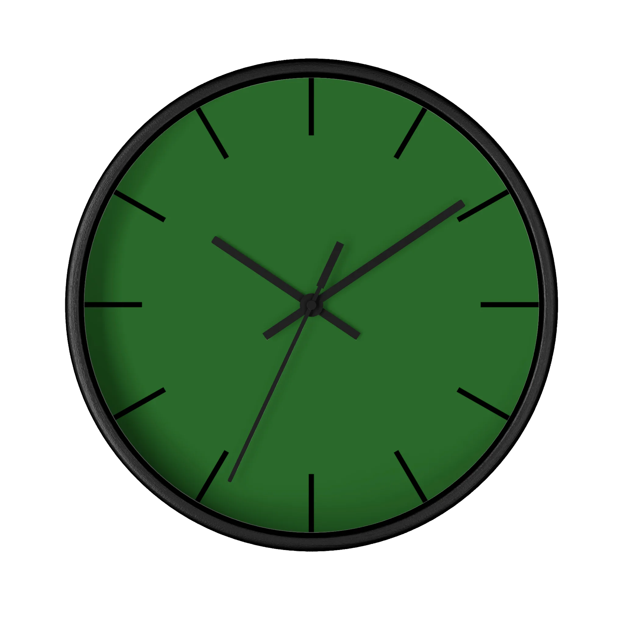 Mughal green silent wall clock, black base, black hands, black markers, 10 inch, front view.