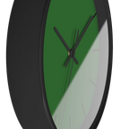 Mughal green silent wall clock, black base, black hands, black markers, 10 inch, side view.