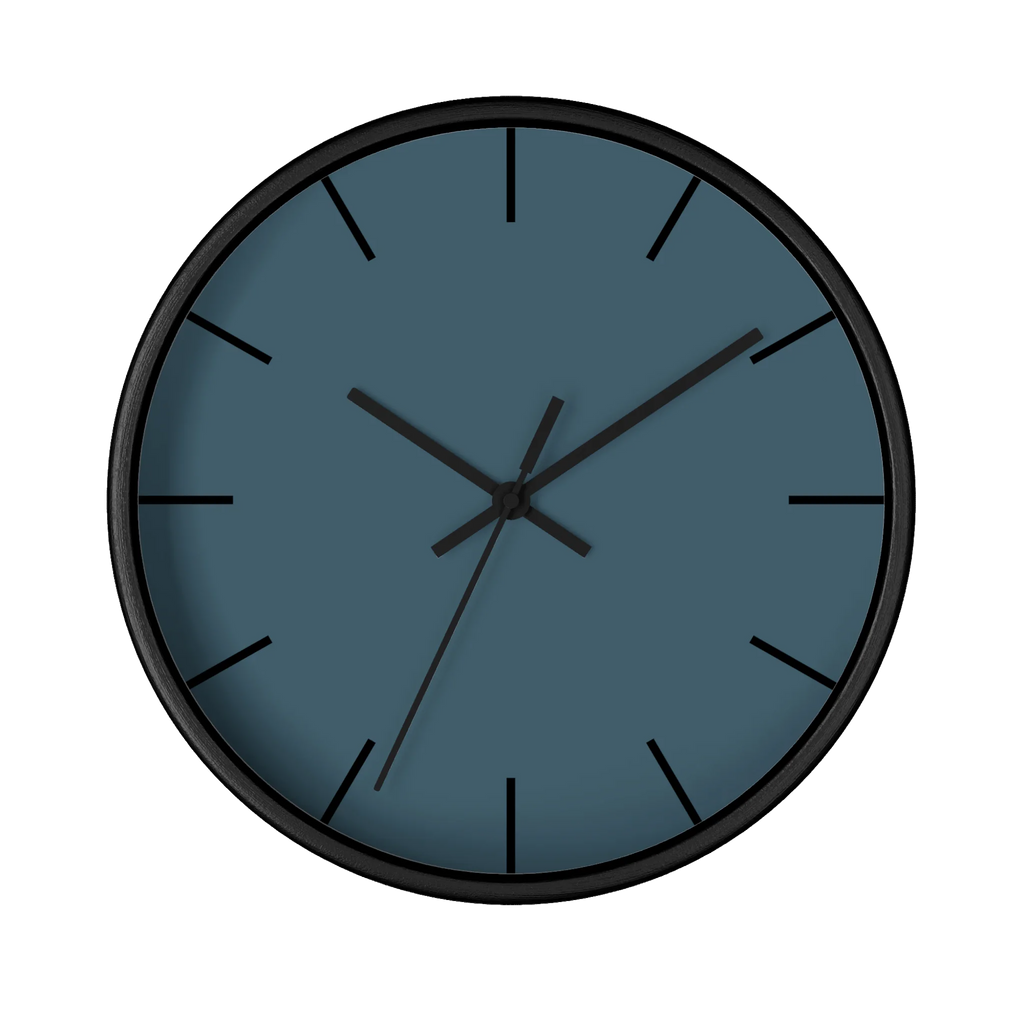 Navy blue slate silent wall clock, black base, black hands, black markers, 10 inch, front view.