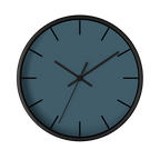 Navy blue slate silent wall clock, black base, black hands, black markers, 10 inch, front view.