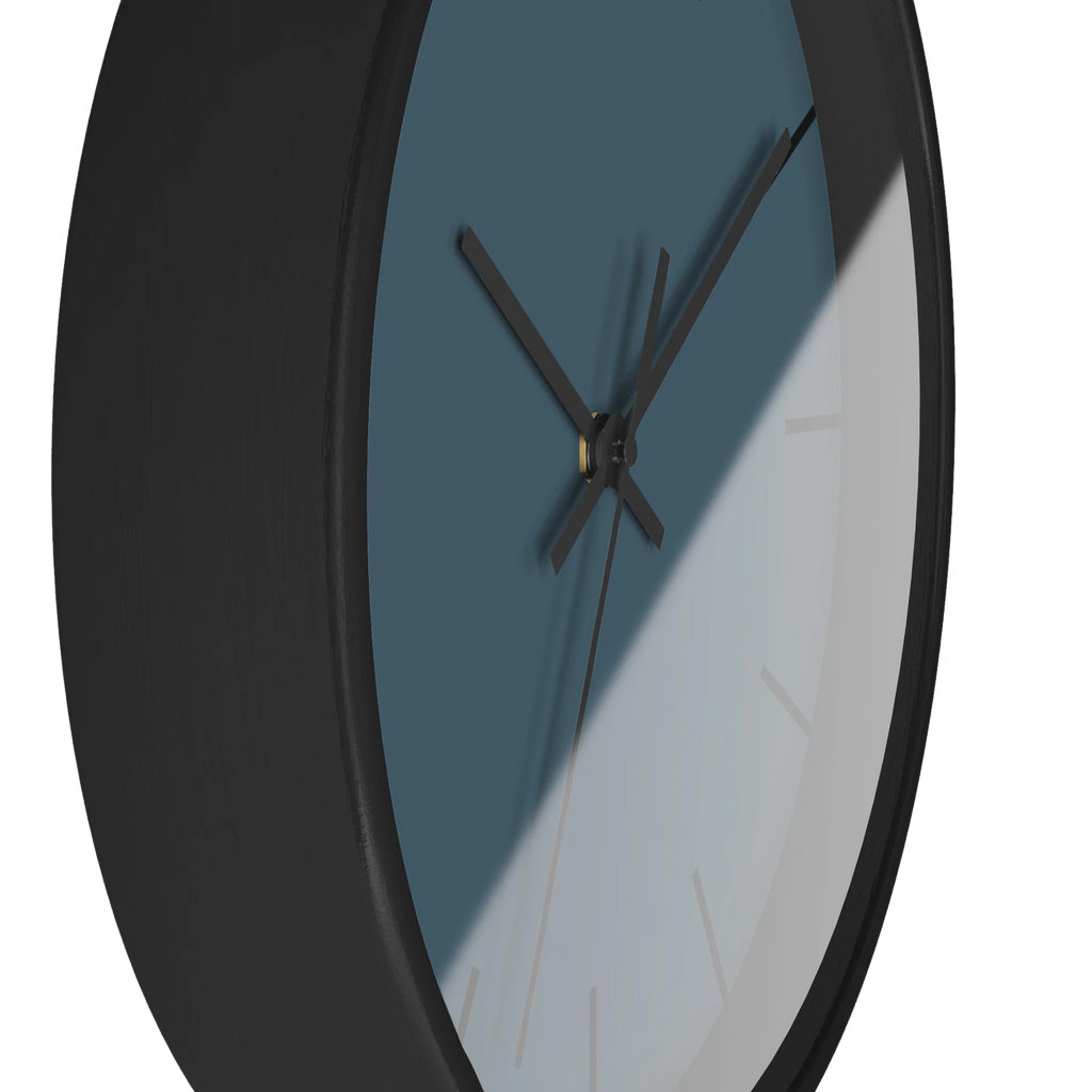 Navy blue slate silent wall clock, black base, black hands, black markers, 10 inch, side view.