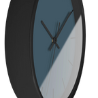 Navy blue slate silent wall clock, black base, black hands, black markers, 10 inch, side view.