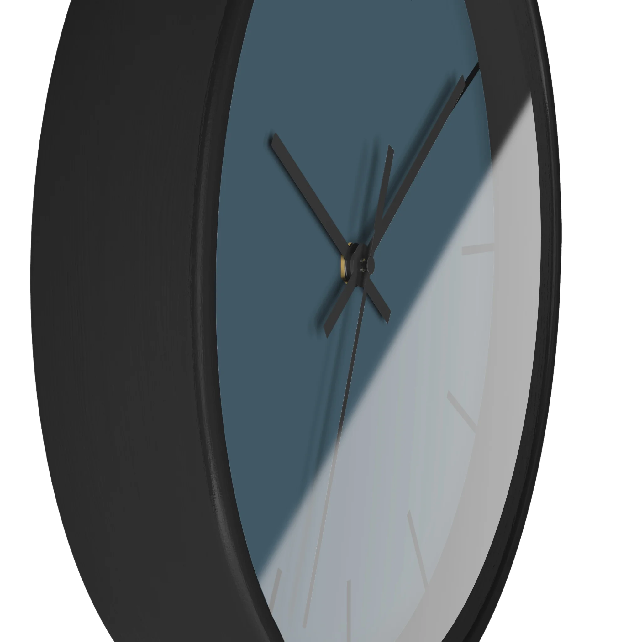 Navy blue slate silent wall clock, black base, black hands, black markers, 10 inch, side view.